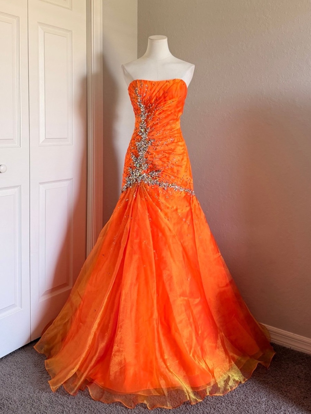 Striking Orange Strapless Ball Gown with Crystal Embellishment
